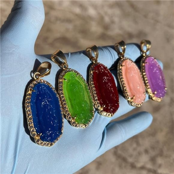 18K Gold Plated Figaro Chain Virgen de Guadalupe Holy Mary Simulated CZ 5.8M 20" - Picture 4 of 7